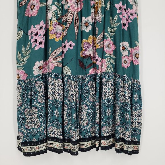 3/$25 Maurices Floral V Neck Dress M Flounce Hem Faux Wrap A Line Teal - Picture 5 of 9